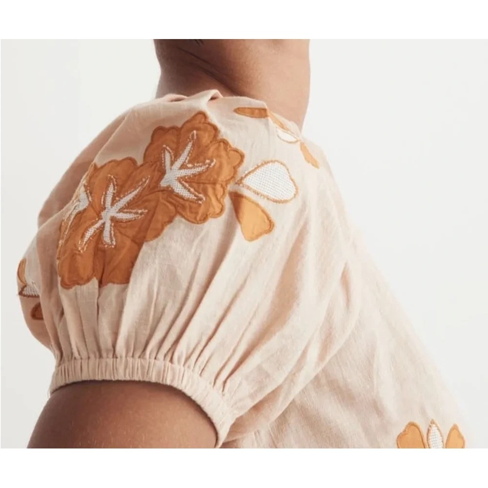 Madewell Embroidered Flower Puff Sleeve Cotton Lace-Up Back Top Plus Size 1X - Picture 4 of 13